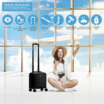 Flight Knight Carry On Suitcase 16.25x13.5x8 Hardside TSA Lock & USB Port Lightweight Luggage Silent Double Spinner Wheels Maximum Underseat Carry-On Bag For Virgin & South West Approved Airlines