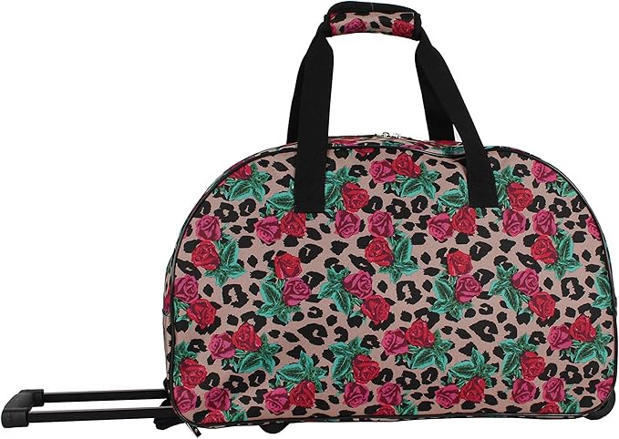 Betsey Johnson Designer Carry On Luggage Collection - Lightweight Pattern 22 Inch Duffel Bag- Weekender Overnight Business Travel Suitcase with 2- Rolling Wheels (One Size, Leopard Rose)