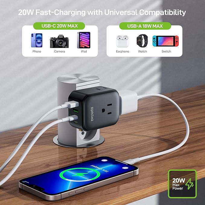 EPICKA Hybrid European Travel Plug Adapter, Foldable & Detachable Type C (EU) VisaPlug, 8-IN-1 International Power Adapter with 4 USB Ports (2 USB-C PD 20W) - Travel Essentials for US to Europe, Black