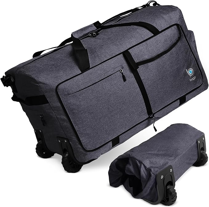 Bago Rolling Duffle Bag with Wheels - 27" 80L Foldable Weekender Bag, Waterproof Travel Duffel Bag, Heavy Duty Lightweight Duffle Bag for Traveling, Rolling Duffel Bag with Wheels (SnowBlack2023)