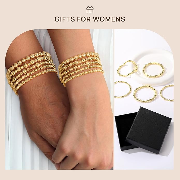 Yoosteel Gold Beaded Bracelets Set for Women Teen Girl Gifts Non Tarnish - 14K Gold Plated Dainty Round Bead Ball Pearl Cross Bracelet Stack for Women Teenage Girls Stackable Jewelry Christmas Gifts