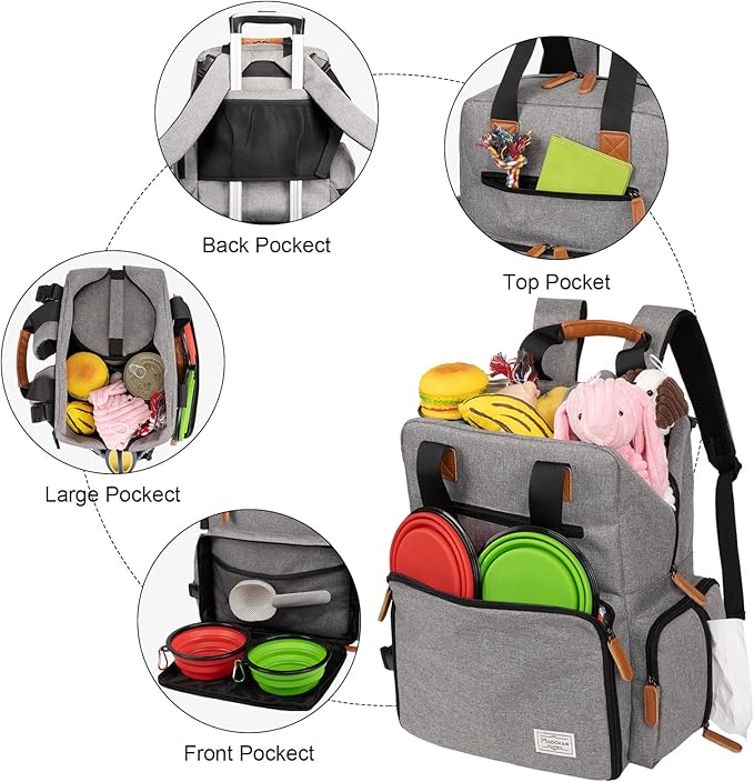 Modoker Dog Travel Bag, Airline Approved Backpack for Pet Accessories Organizer, Tote Weekend Bag with 2 Food Storage Containers, 2 Collapsible Dog Bowls, 1 Pet Mat, Grey