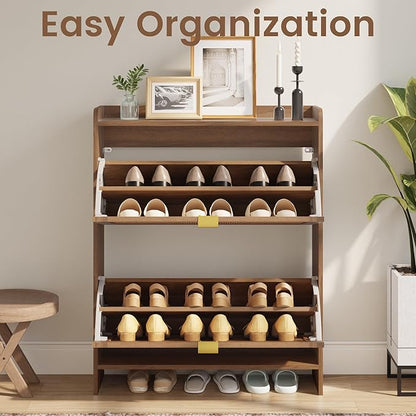 EROMMY Shoe Storage Cabinet, Farmhouse Ratten Shoe Cabinet, Modern Freestanding Organizer with 2 Flip Drawers, Hallway, Narrow Shoe Rack Cabinet for Entryway, Slim Shoe Cabinet, Walnut
