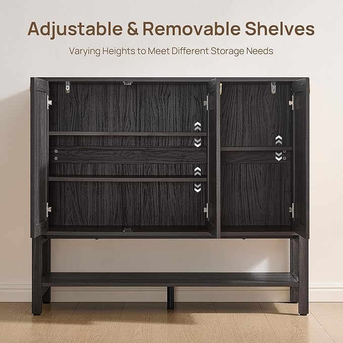 SICOTAS Shoe Cabinet with Storage - 30 Pairs Rattan Shoe Organizer with Adjustable Shelves & 3 Doors, Boho 46'' Wide Shoe Rack Cabinet for Entryway, Hallway, Living Room (Obsidian)