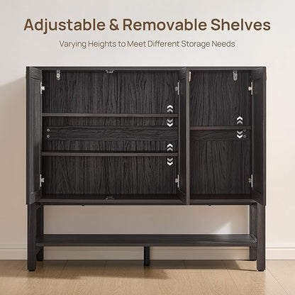 SICOTAS Shoe Cabinet with Storage - 30 Pairs Rattan Shoe Organizer with Adjustable Shelves & 3 Doors, Boho 46'' Wide Shoe Rack Cabinet for Entryway, Hallway, Living Room (Obsidian)