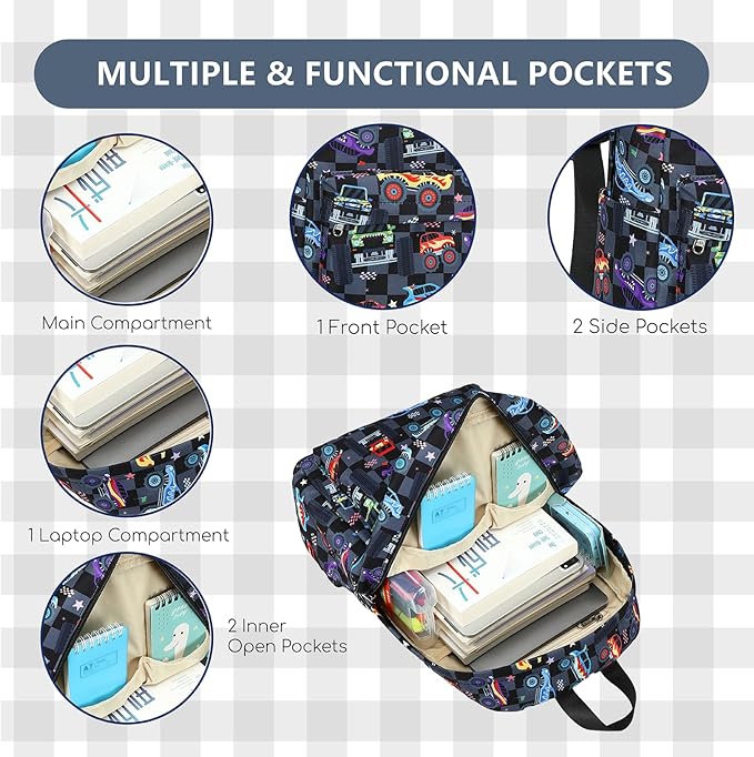 CAMTOP Backpack for Kids, Boys Girls Preschool Backpacks with Lunch Box Toddler Kindergarten School Bookbag Set (Vehicle Black Check)