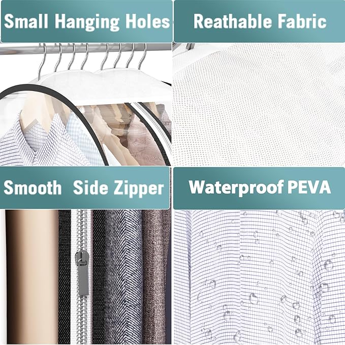 Clear Garment Bag for Hanging Clothes 10” Gusseted, 50” Suit Bags for Open Closet Storage Plastic Clothes Cover for Coat, Dress, Shirts, Fur, Jacket, Wardrobe Protectors, 4 Pack