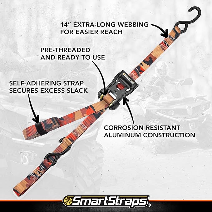SmartStraps 14’ CamoX Ratchet Straps, 4 Pack – 3,000lbs Break Strength, 1,000lbs Safe Work Load – Premium Duty Tie Downs for Heavier Loads, Orange Camo Webbing