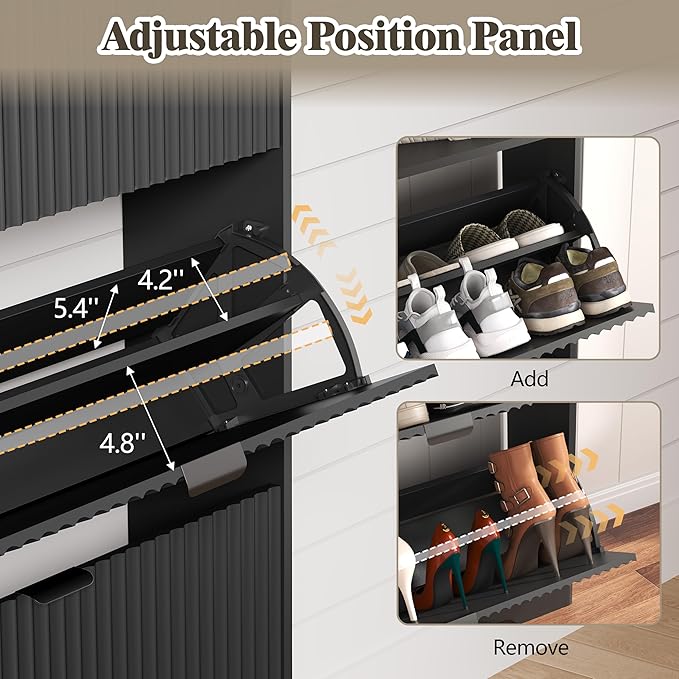 Shoe Cabinet Storage for Entryway with 6 Flip Drawers, Fluted Narrow Shoe Organizer with Wooden Legs, Freestanding Slim Shoe Storage Hidden Shoe Rack Organizer for Front Door Entrance, Black