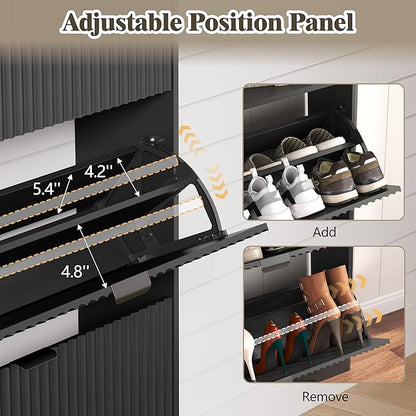 Shoe Cabinet Storage for Entryway with 6 Flip Drawers, Fluted Narrow Shoe Organizer with Wooden Legs, Freestanding Slim Shoe Storage Hidden Shoe Rack Organizer for Front Door Entrance, Black