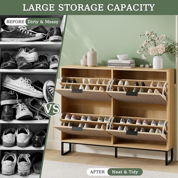 Shoe Cabinet Storage with 4 Flip Drawers, Narrow Hidden Shoe Organizer Cabinet for Entryway, Modern Freestanding Slim Shoe Rack Organizer Shoe Cupboard for Hallway, Natural Wood