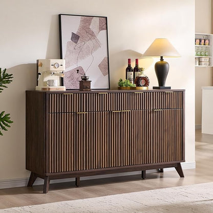 OKD Fluted Storage Cabinet with Drawers, 60" Morden Buffet Sideboard Coffee Bar Cabinet with 4 Doors and 3 Drawers for Dining Room, Living Room,Hallway (Dark Walnut)