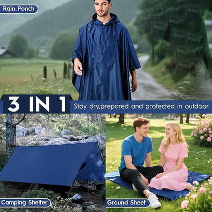 Bruvoalon 3-in-1 Rain Poncho with 1/4 Zip & Chest Pocket, Waterproof, Sunshade, Ground Mat for Adults & Youth Emergency
