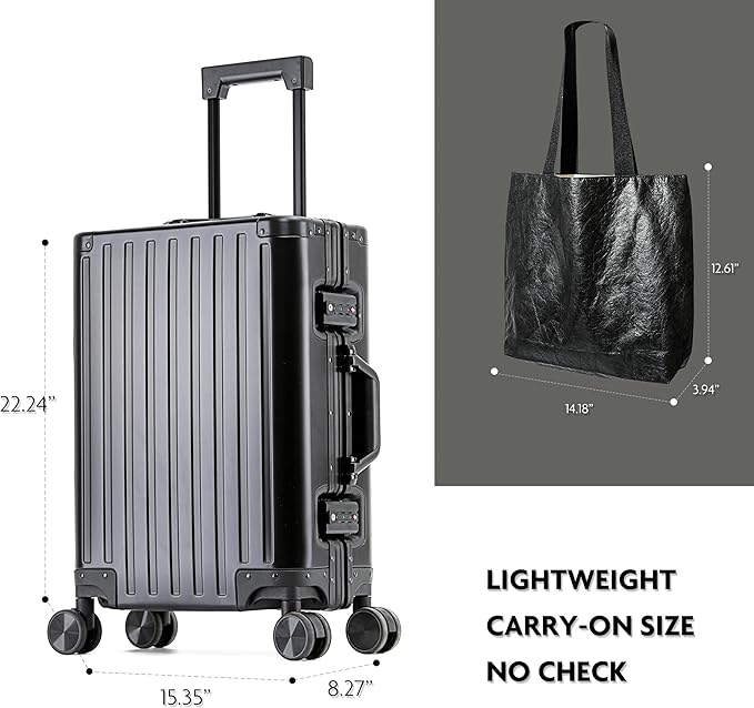 All Aluminum Carry On Luggage 22x14x9 Airline Approved Hard Shell Carry On Luggage Zipperless Luggage Metal 20inch Suitcase Luggage, Black