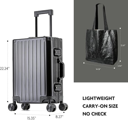 All Aluminum Carry On Luggage 22x14x9 Airline Approved Hard Shell Carry On Luggage Zipperless Luggage Metal 20inch Suitcase Luggage, Black