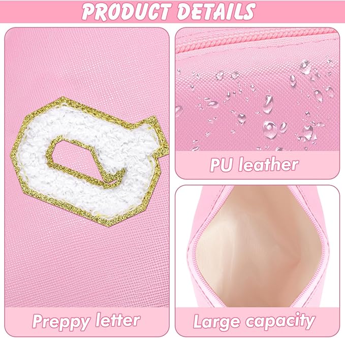Initial Makeup Bag Personalized Preppy Travel Small Cosmetic Bag Cute PU Pink Chenille Letter Makeup Pouch for Purse Waterproof Zippered Toiletry Organizer for Women Girls Kids Friends (Q)