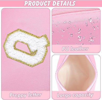 Initial Makeup Bag Personalized Preppy Travel Small Cosmetic Bag Cute PU Pink Chenille Letter Makeup Pouch for Purse Waterproof Zippered Toiletry Organizer for Women Girls Kids Friends (Q)