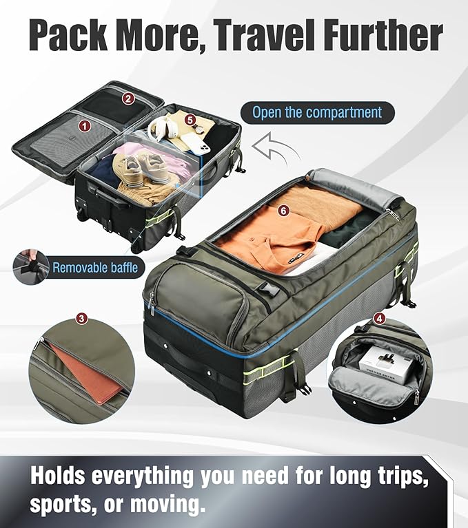 100L Extra Large Rolling Duffel Bag with Wheels and Handle – Heavy-Duty 1600D PVC Checked Luggage for Business Travel, Men’s Week-Long Trips & Student Relocation, Foldable Base Design (Army Green V2)