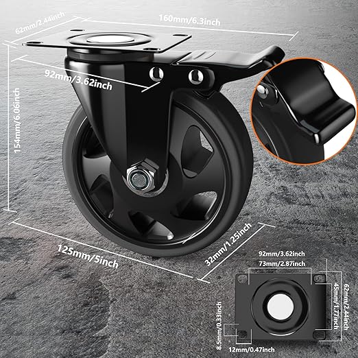 5 Inch Swivel Caster Wheels, Set of 4 Heavy Duty, Locking Industrial Casters with Brake, Black, Stainless Steel, Polyurethane, Double Safety Brakes and 360 Swivel for Maximum Flexibility