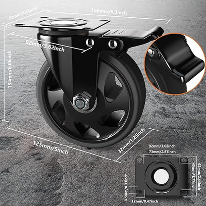 5 Inch Swivel Caster Wheels, Set of 4 Heavy Duty, Locking Industrial Casters with Brake, Black, Stainless Steel, Polyurethane, Double Safety Brakes and 360 Swivel for Maximum Flexibility