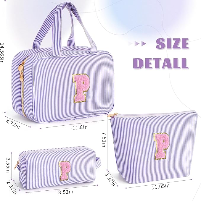 Preppy Toiletry Bag Travel Makeup Bag - Initial Cosmetic Bag Cute Organizer Travel Essentials Small Makeup Bag with Zipper - Personalized Gifts for Her - Lavender P
