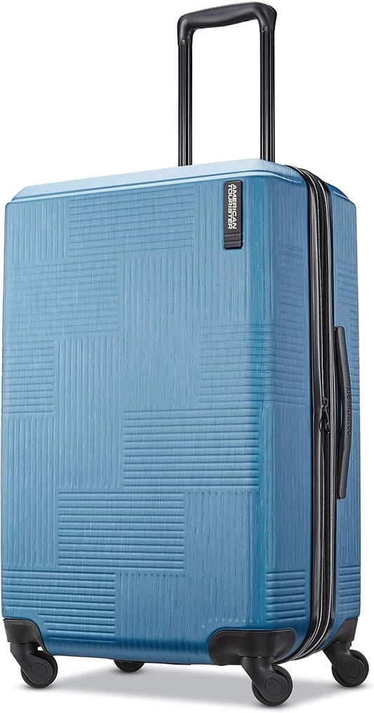 American Tourister Stratum XLT Expandable Hardside Luggage with Spinner Wheels, Blue Spruce, Checked-Medium 24-Inch