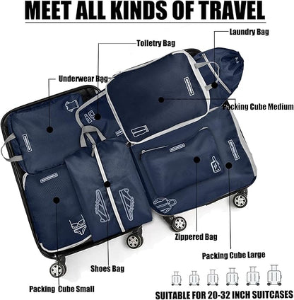 8 Set Expandable Compression Packing Cubes for Suitcases Travel Essentials Carry On Waterproof Storage Bag With Dry And Wet Separation Dark Blue