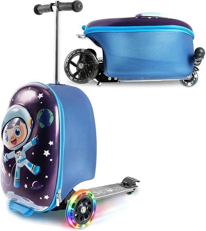 KIDDIETOTES 3-D Hardshell Luggage Scooter for Kids - Lightweight Rideable Luggage for kids - Fits in Overhead Bins - LED Light Up Wheels