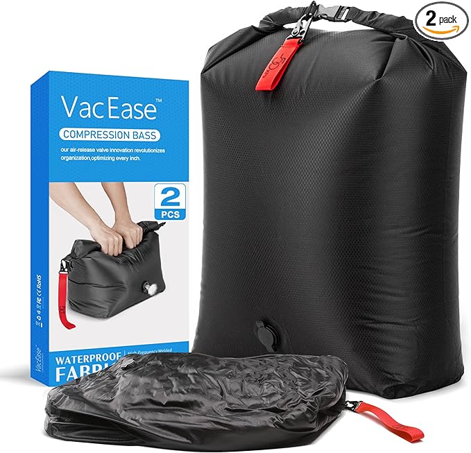 Travel Vacuum Compression Storage Bags, 2 Pcs 25L Dry Bags for Suitcase Luggage Packing Seal, Carry on for Space Save