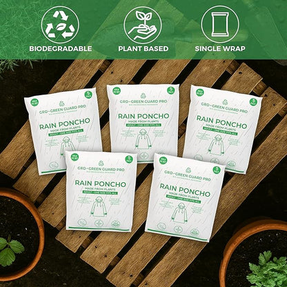 Eco-Friendly Rain Ponchos - Bio-degradable Disposable Clear Poncho with Drawstrings and Adjustable Hood, Family Pack of 5