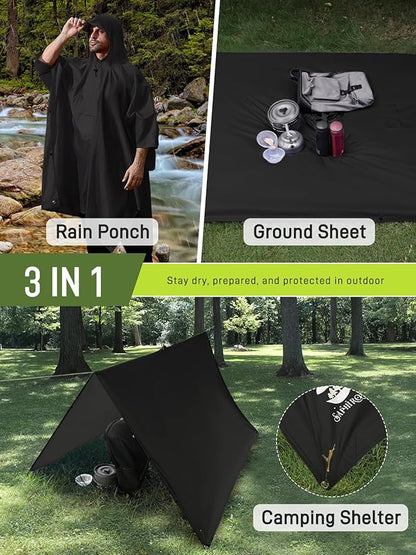 SaphiRose Extra Thick Hooded Rain Poncho Double Layer Waterproof Raincoat Jacket for Men Women Adults