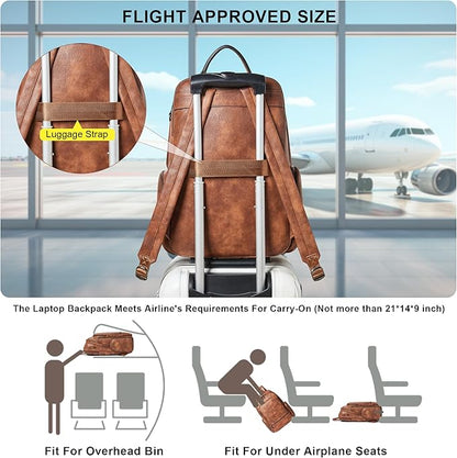 Leather Backpack for Women, Fits 15.6 Inch Laptop, Soft Vegan Leather Backpack for Travel and Daily Use, Brown