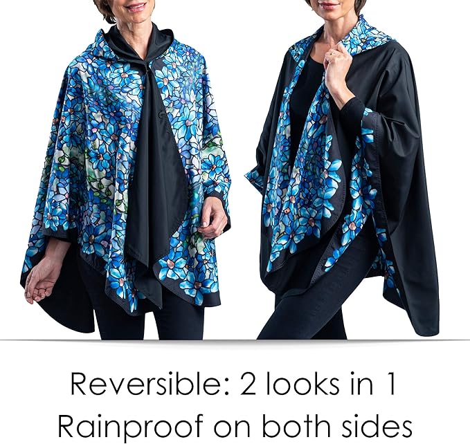 RainCaper Tiffany Clematis Womens Rain Cape Poncho with Hood Reversible