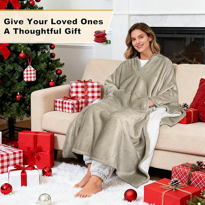 Catalonia Sherpa Wearable Blanket Poncho for Adult Women Men, Wrap Blanket Cape with Pocket, Warm, Soft, Cozy, Snuggly, Comfort Gift, No Sleeves, Camel