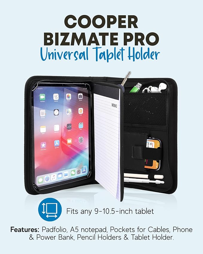 BizMate PRO Zippered Portfolio Organizer with 9-10.5" Conference Folder/Padfolio Tablet Holder, A5 Notebook | Multiple Pockets, Leather Finish, Eco-Mailer