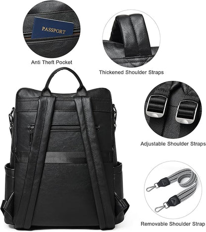 Shrrie 15.6 inch Laptop Backpack for Women,Large Leather Backpack Purse,Travel,Carry on,Water Resistant Casual Laptop Backpacks,College Backpack,Work Backpack for Women,Two-tone Black