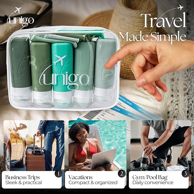 unigo Travel Bottles For Toiletries, 5-pack 3.oz TSA Aprroved Travel Size Bottles, Containers For Toiletries, BPA Free, Leak Prrof, Refillable Containers Bottles (Green)