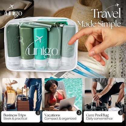 unigo Travel Bottles For Toiletries, 5-pack 3.oz TSA Aprroved Travel Size Bottles, Containers For Toiletries, BPA Free, Leak Prrof, Refillable Containers Bottles (Green)
