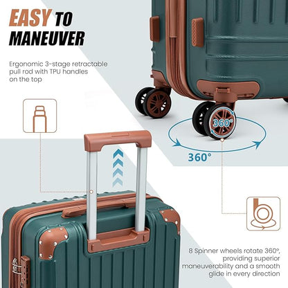 KUNEL Expandable 5 Piece Luggage Sets with Detachable Spinner Wheels and TSA Lock, Unisex Hardside ABS Suitcase Set, Hardshell Lightweight Waterproof Travel Hard Case Suitcases with Wheels, DarkGreen