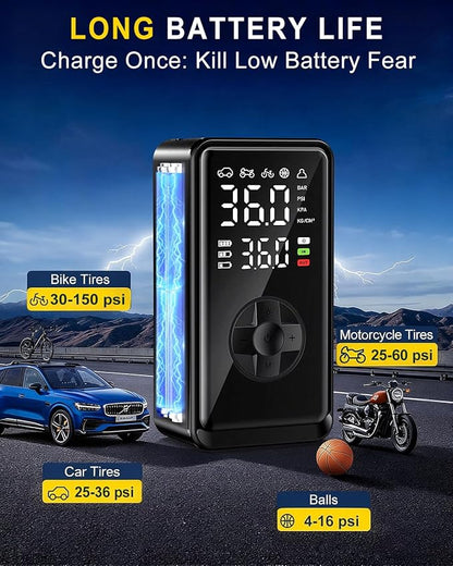 Tire Inflator Portable Air Compressor, Auto Air Pump for car tires with Digital Tire Pressure Gauge, Dual Digital LCD, Pocket Air Compressor for Cars, Bike, Motorcycle, Ball