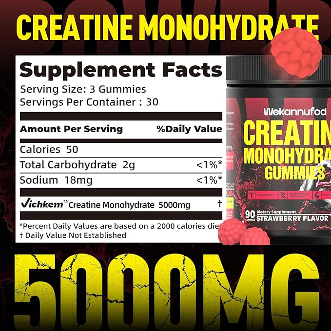 Creatine Monohydrate Gummies for Men & Women,5000MG Creatine Gummy Sugar Free. Boost Focus,Strength, and Endurance, Anti-Melting Formula, Vegan, Gluten-Free, Non-GMO,(Strawberry 90 ct)
