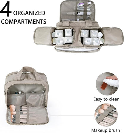 Travel Toiletry Bag for Women, Large Wide-open Puffy Cosmetic Makeup Bag with Wet-Dry Separation, Multi-Pocket Organizer with Carry Handle for Toiletries, Cosmetics, Essentials, Camel