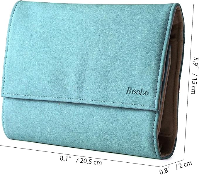 Becko US Jewelry Organizer Roll Travel Jewel Bag case for Multiple Necklaces, Rings, Bracelets, Supple Leather & Suede, Large Capacity Without Crease, Lightweight, Portable & Practical (Blue)