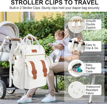 PIIOSER Diaper Bag Backpack with Ice Pack, Large Capacity & Waterproof Baby Travel Backpack Bag for Moms Dads, Insulated Baby Cooler Bag with Changing Pad, Stroller Straps & Pacifier Case, Cream