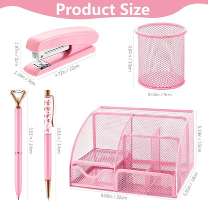 Fayoo 11 Pcs Pink Office Supplies Set Mesh Desk Organizer Accessories Kit include Stapler Tape Dispenser Staple Remover Clips Ruler Scissors Sticky Notes for Office School Home Women (Pink)