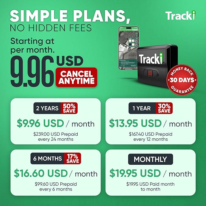 Tracki GPS Tracker for Vehicles, Car, Kids. Subscription Needed. US-Made Tech. 4G LTE GPS Tracking Device. Unlimited Distance, US & Worldwide. Small (Tracker) (Tracker 6-mo Subscription Incl.)