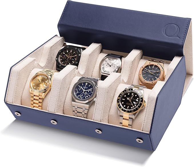 QWATCHBANDS Napa Leather Watch Case for Men - Watch Roll Storage Organizer & Watch Display - Six Slot Luxury Watch Box for Home or Travel - Mens 6 Watch Holder Case (Blue Cream)