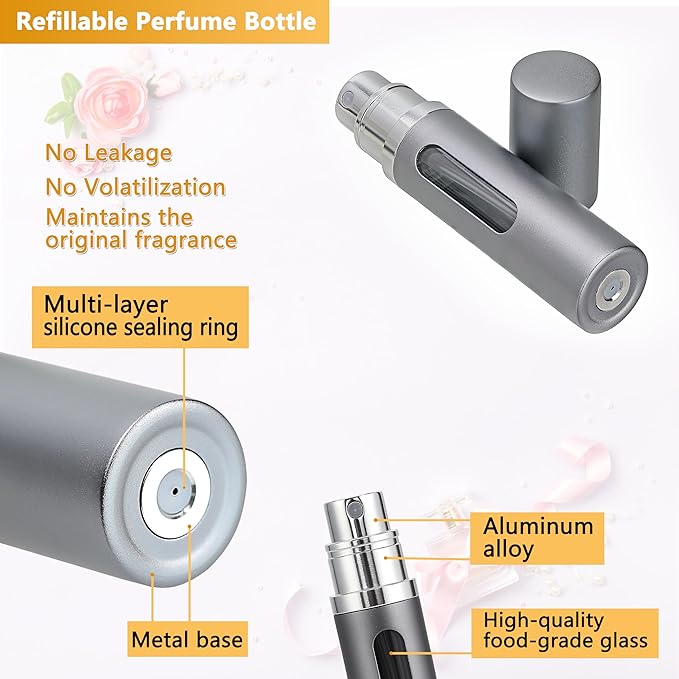 Travel Perfume Atomizer - 5ML Pocket Refillable Spray Bottle, Perfume Bottle for Women and Men (Gray)