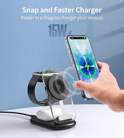 3 in 1 Magnetic Wireless Charging Station for Apple Devices, Fast Foldable Travel Mag-Safe Charger Stand with Night Light for iPhone 17 16 15 14 13 12 Series, Apple Watch/AirPods Pro