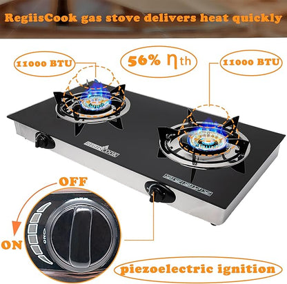 2 Burner Propane Gas Cooktop,Camping Portable LPG Gas Stove, Auto Ignition Tempered Glass Countertop with Regulator Burner Grate